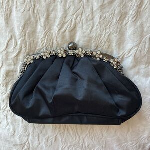 Elegant Black Satin Clutch with Crystal Accents